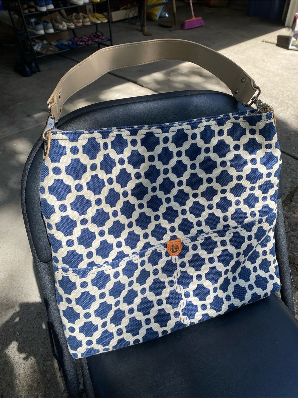 Spartina 449 Navy and Cream Geometric Canvas Tote with Neutral Handle
